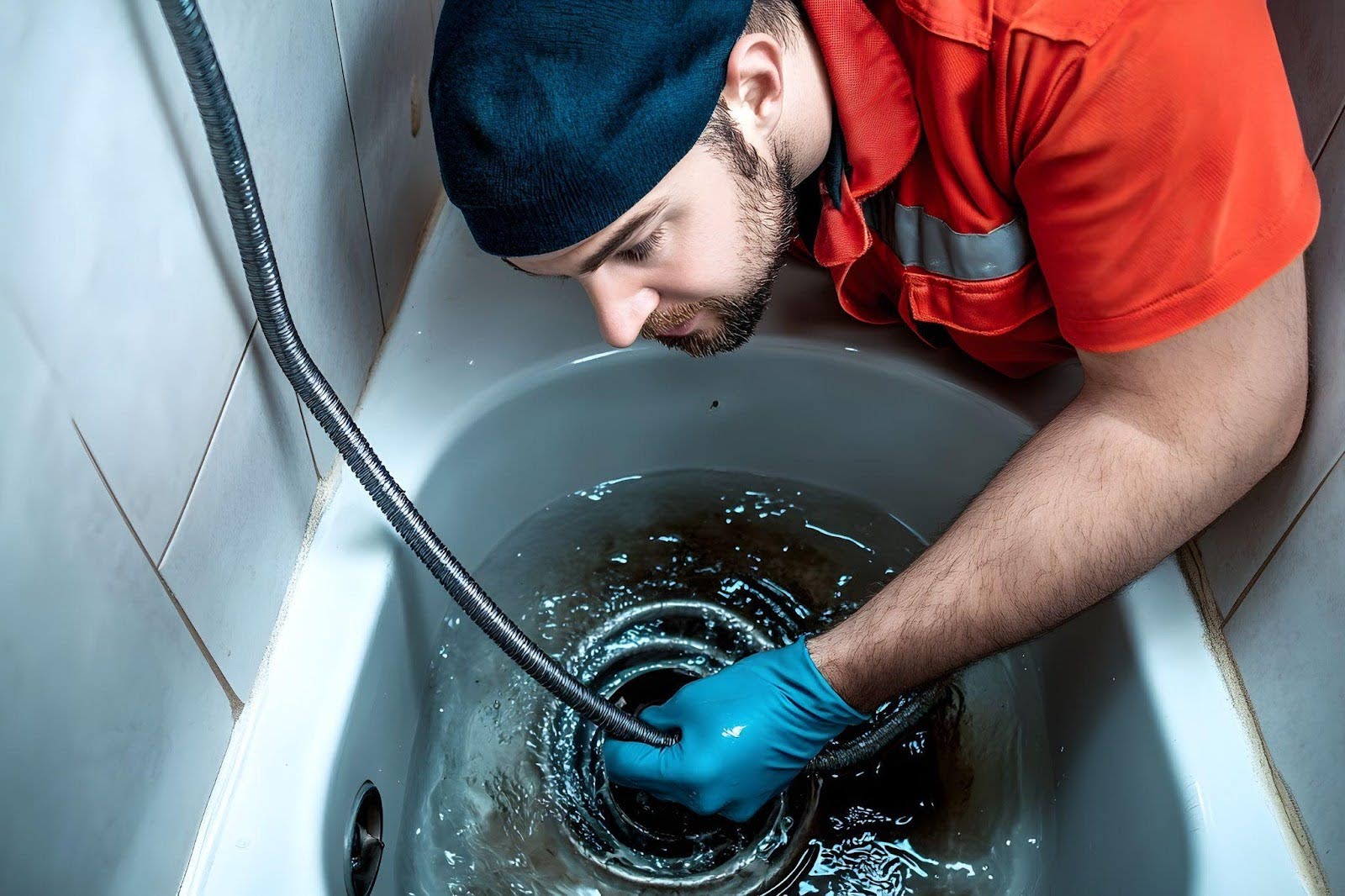 A man in an orange shirt skillfully fixes a drain
