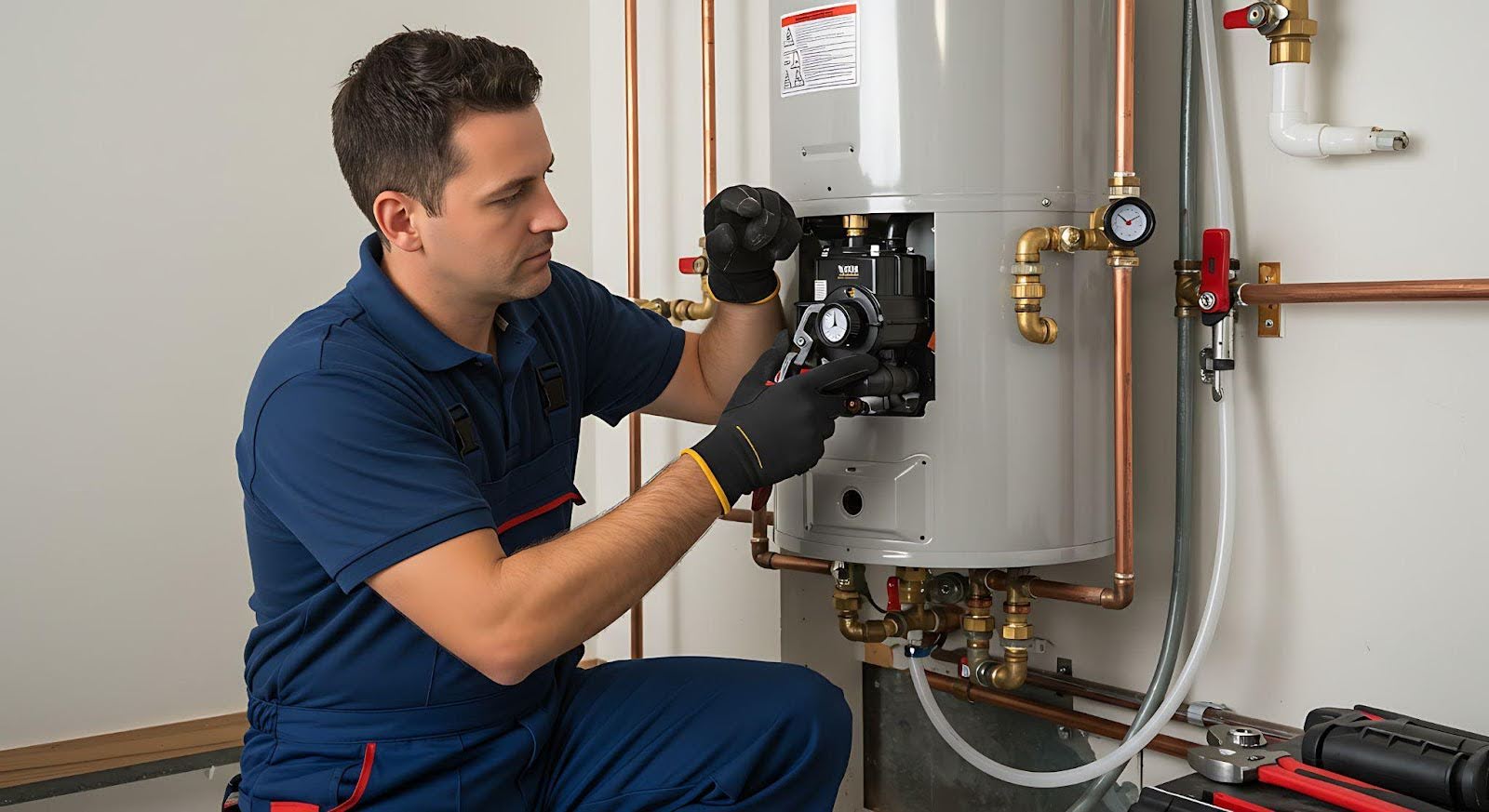 A man in a blue shirt repairs a water heater focusing on the unit with tools in hand