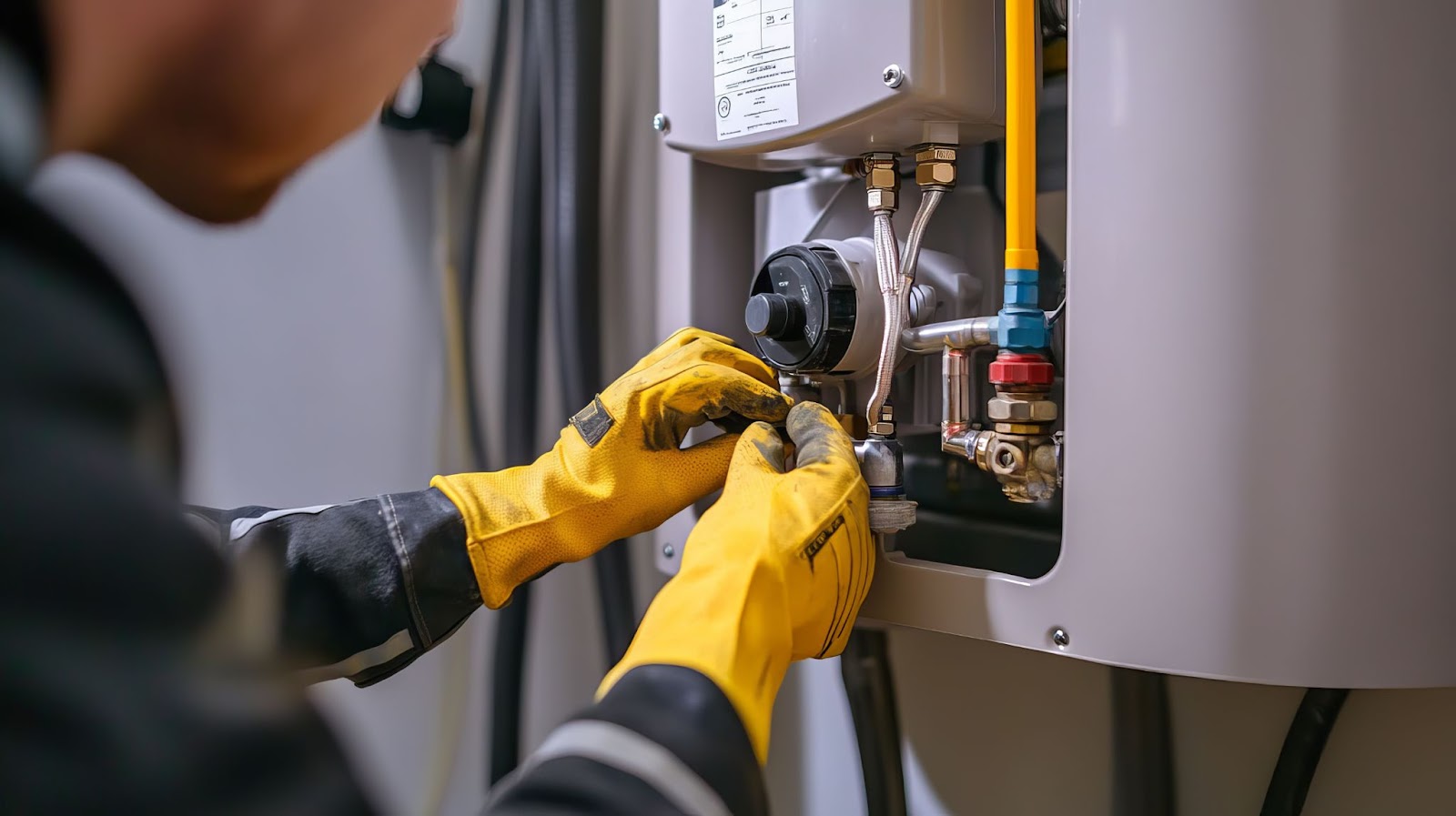 A man wearing yellow gloves repairs a water heater, focused on fixing the plumbing components.