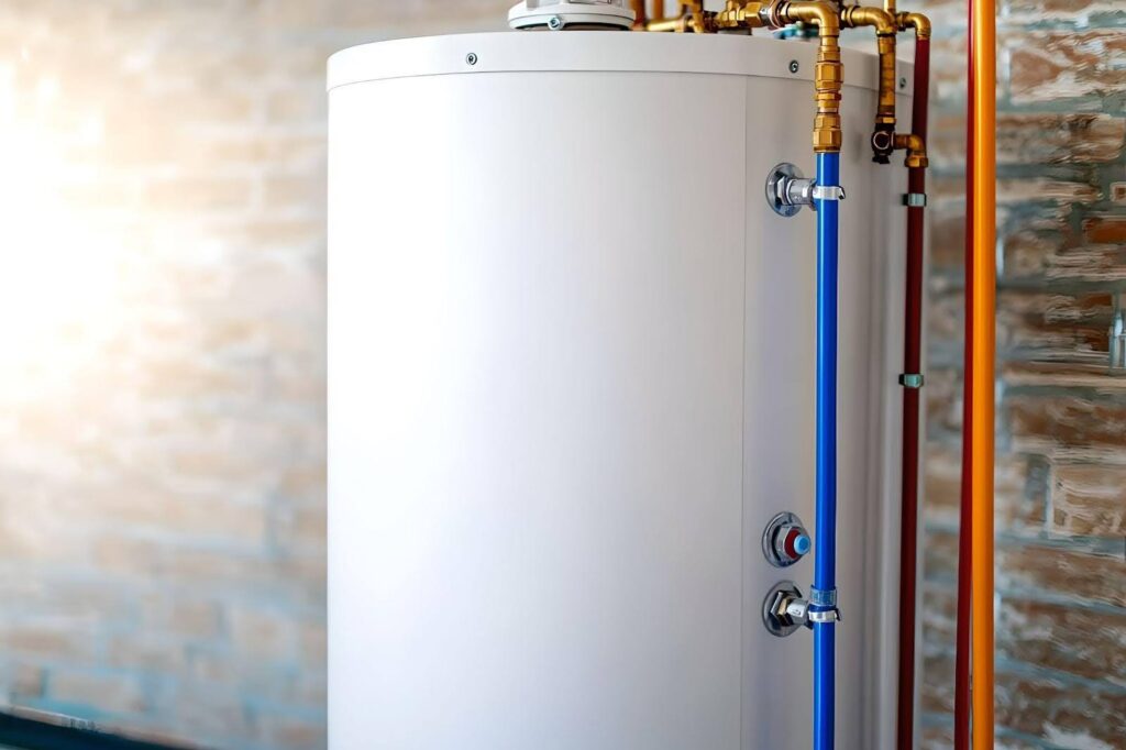A white tank featuring multiple orange pipes attached showcasing an industrial design