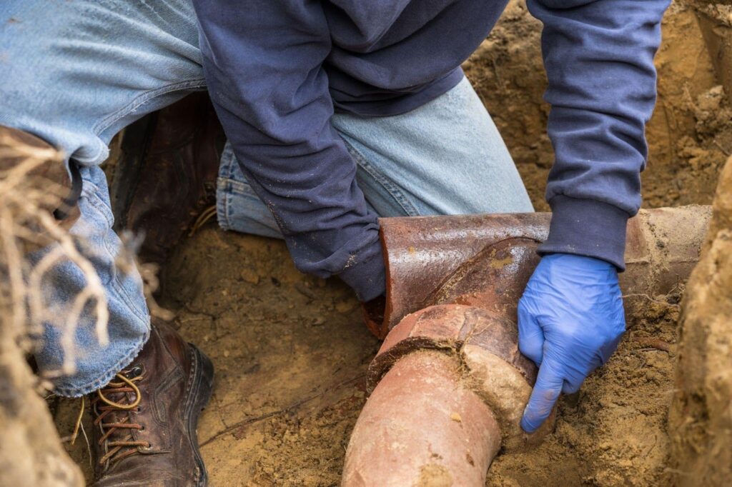 A man wearing blue gloves is repairing a pipe focused on his task in a well-lit environment