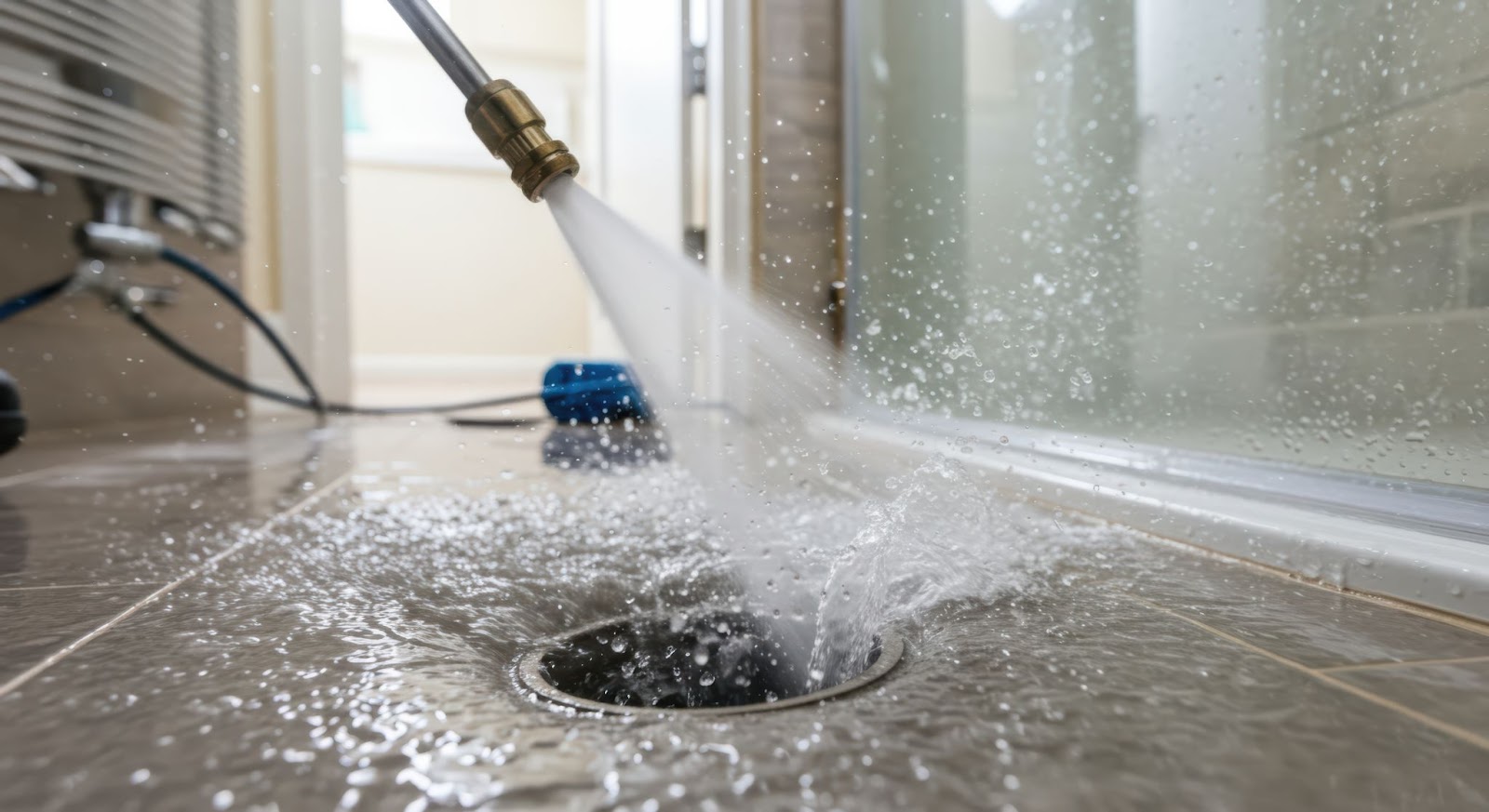 Pressure washer blasting water into a bathroom floor drain to clear blockage. Wet tiles and glass shower door in background.