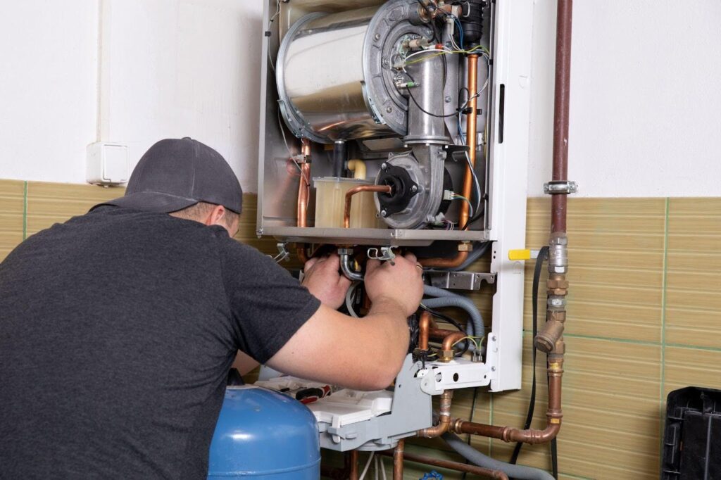 A technician is fixing a gas boiler in a bathroom focusing on the unit while tools are nearby