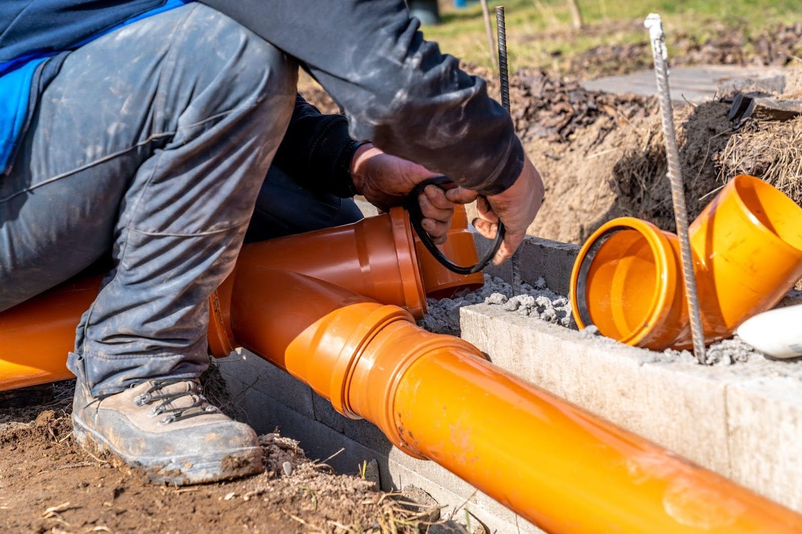 A man repairs a pipe surrounded by orange pipes focused on his task in a work environment