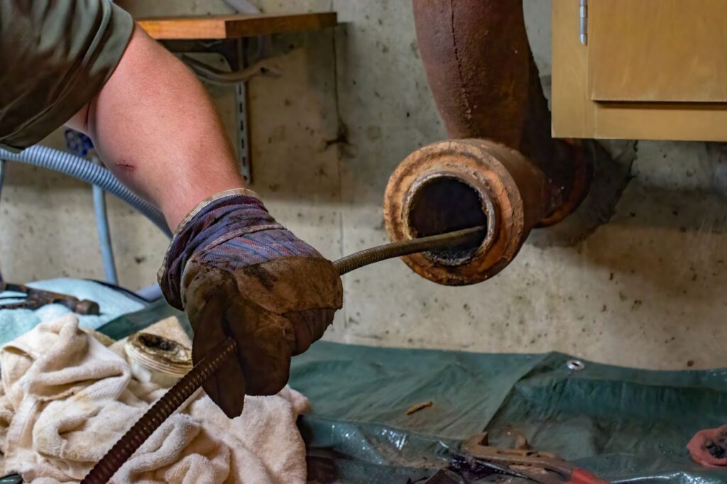 A close-up of a gloved hand inserting a plumber's snake into a cast iron drain pipe to clear a blockage.
