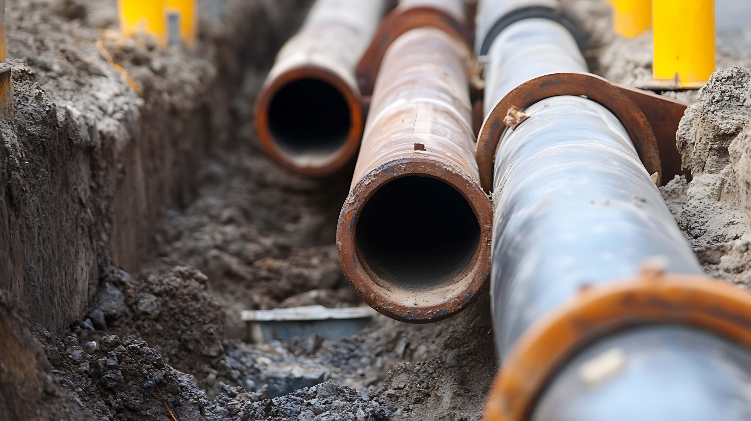 Construction site featuring large pipes laid in a trench, surrounded by dirt and gravel, indicating infrastructure development.