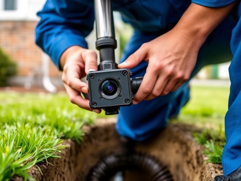 A technician using a camera to inspect underground pipes in a residential area, ensuring proper drainage and maintenance.