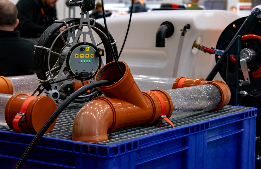 Close-up of plumbing equipment including pipes and a monitoring device on a blue crate at a trade show.