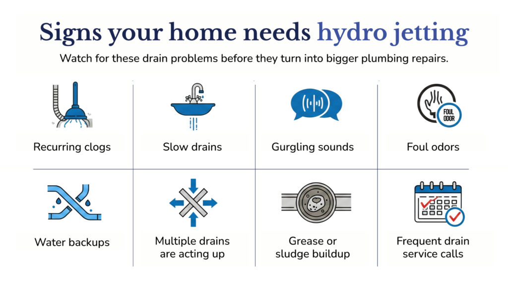 Infographic listing signs that indicate a home may require hydro jetting for plumbing maintenance