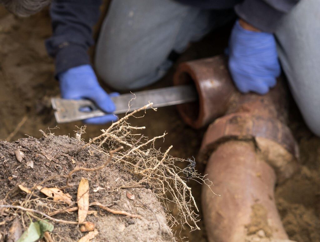 Person wearing blue gloves examines a clay pipe with a metal tool surrounded by soil and roots