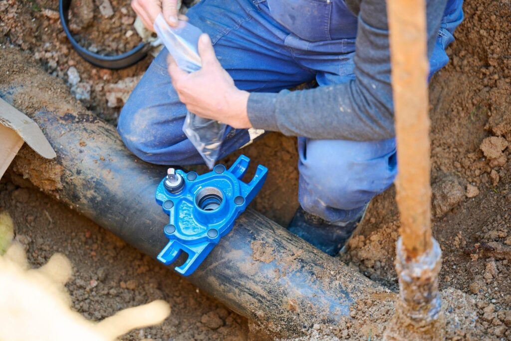 A construction worker in blue overalls kneels in a dirt trench, preparing to install a blue metal pipe fitting onto a large black utility pipe.