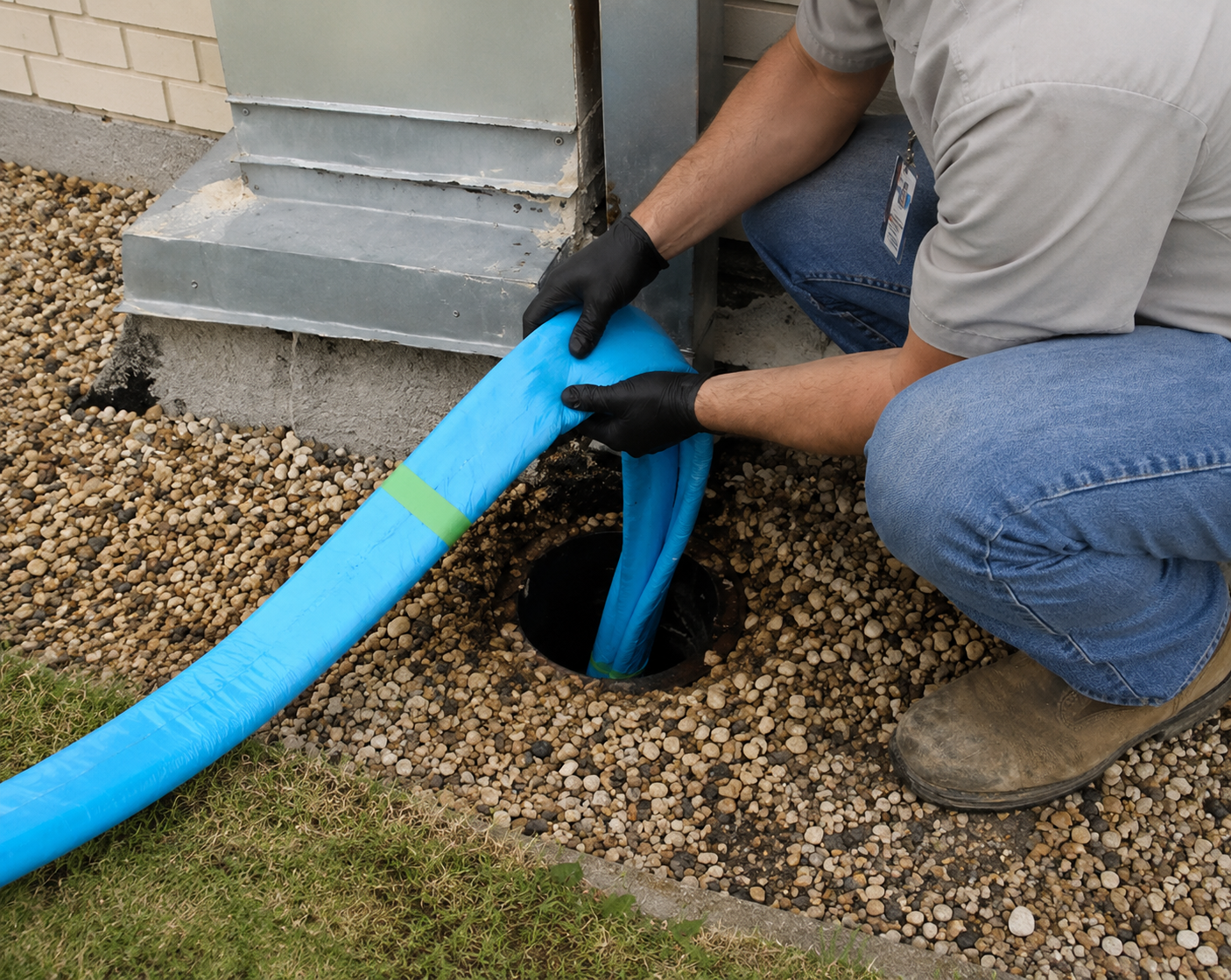 A technician wearing black gloves feeds a long, blue flexible tube into a circular drain opening located on a gravel surface near a building wall.