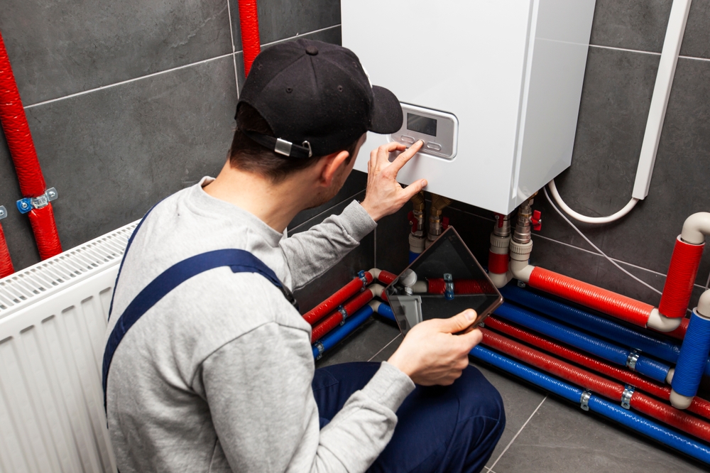 A technician wearing a cap and work uniform adjusts a wall-mounted boiler while holding a tablet in a room with red and blue insulated pipes.