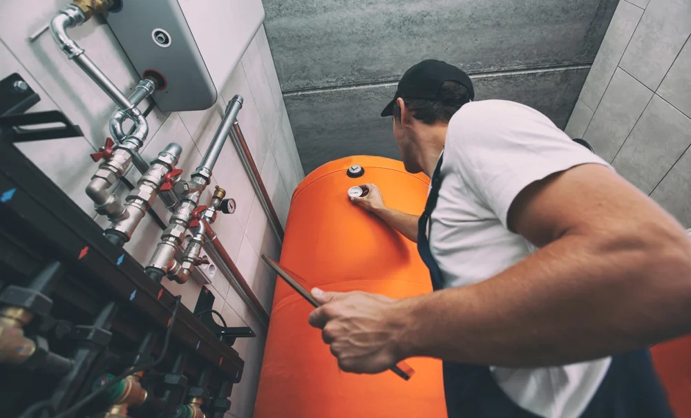 A professional plumber in a cap and uniform inspects a large orange water heater tank, checking the pressure gauge while holding a tablet device.