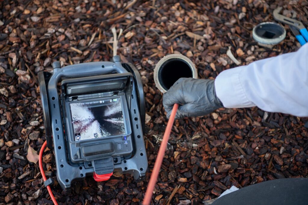 Plumber feeding an inspection camera into an outdoor drain pipe next to a video monitor.