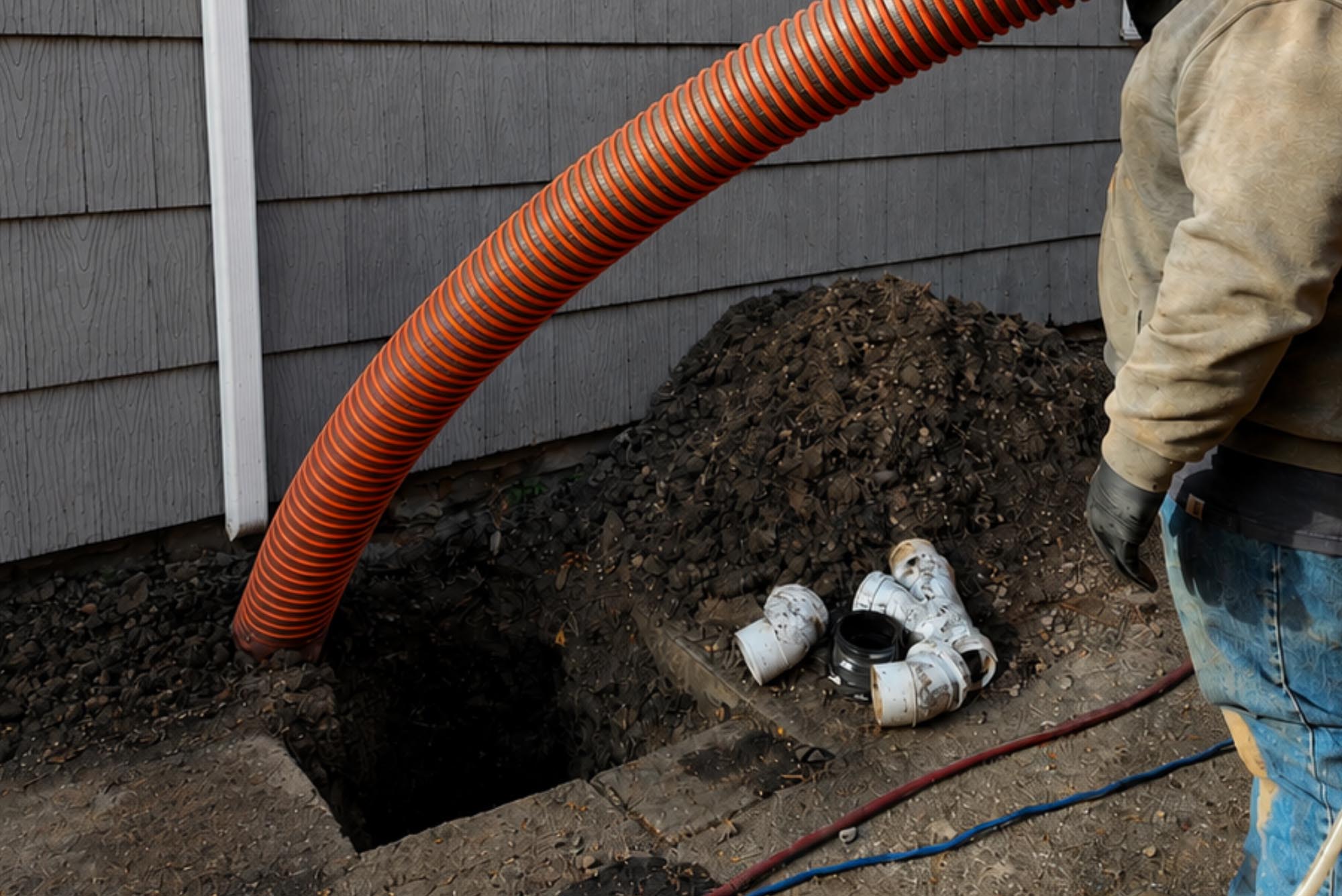 A worker stands near a deep hole in the ground next to a house, with a large orange vacuum hose inserted and white PVC pipe fittings nearby.
