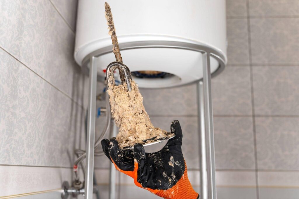 A gloved hand holds a corroded mineral encrusted metal pipe beneath a wall mounted water heater
